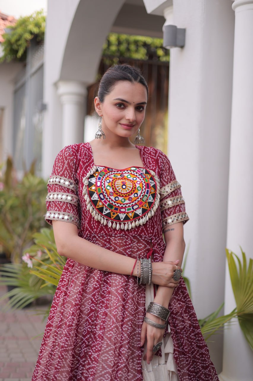 RangBhoomi Navratri 2026 Bandhani Lehenga Set — Full-Stitched Kora Cotton Lehenga with Faux Georgette Kurti