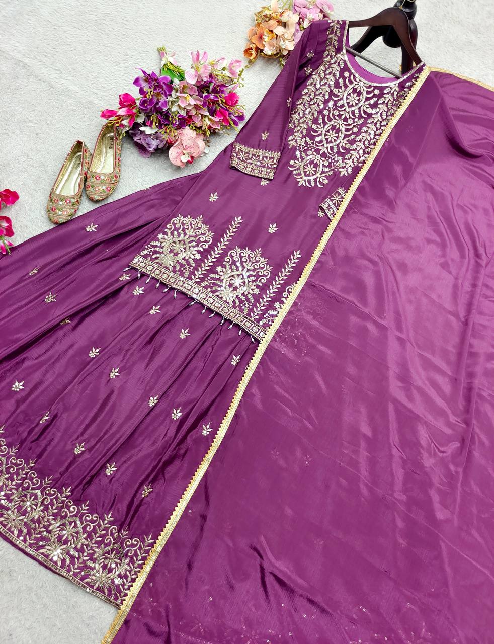 RangBhoomi Cinon Silk Embroidered Top, Lehenga & Dupatta Set - Elegant Festive Ensemble