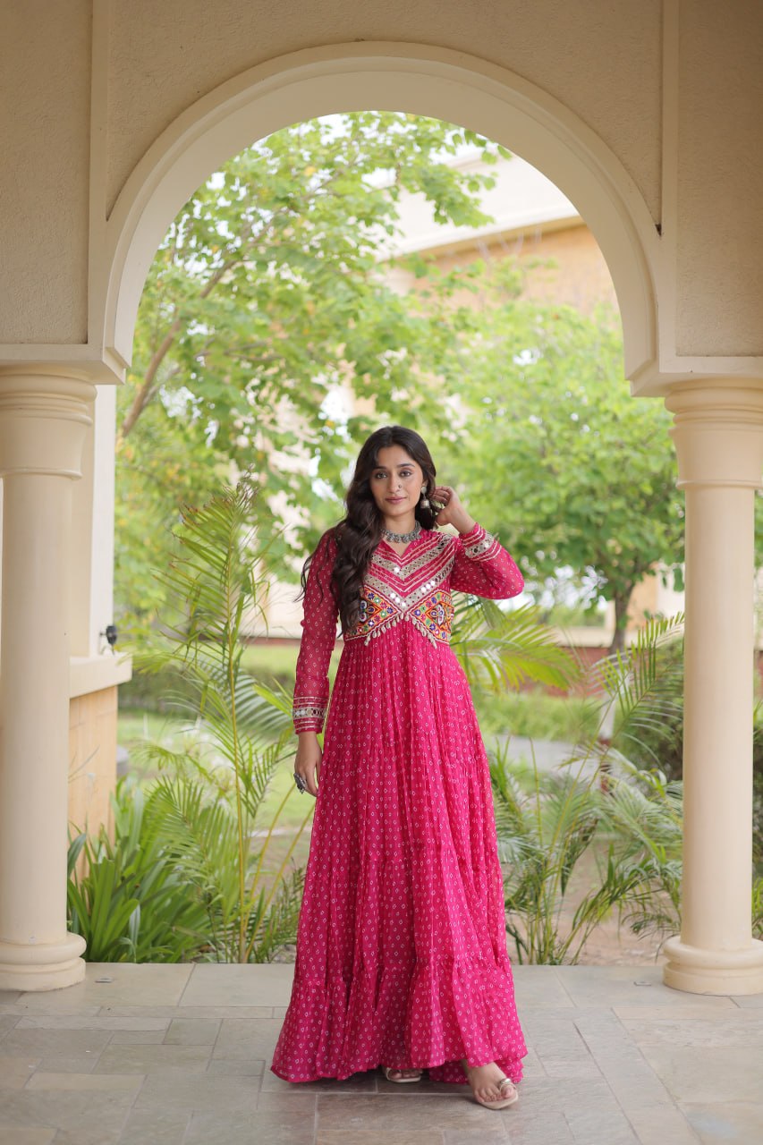 RangBhoomi Bandhani & Kutchi Patchwork Faux Georgette Gown — Navratri Special