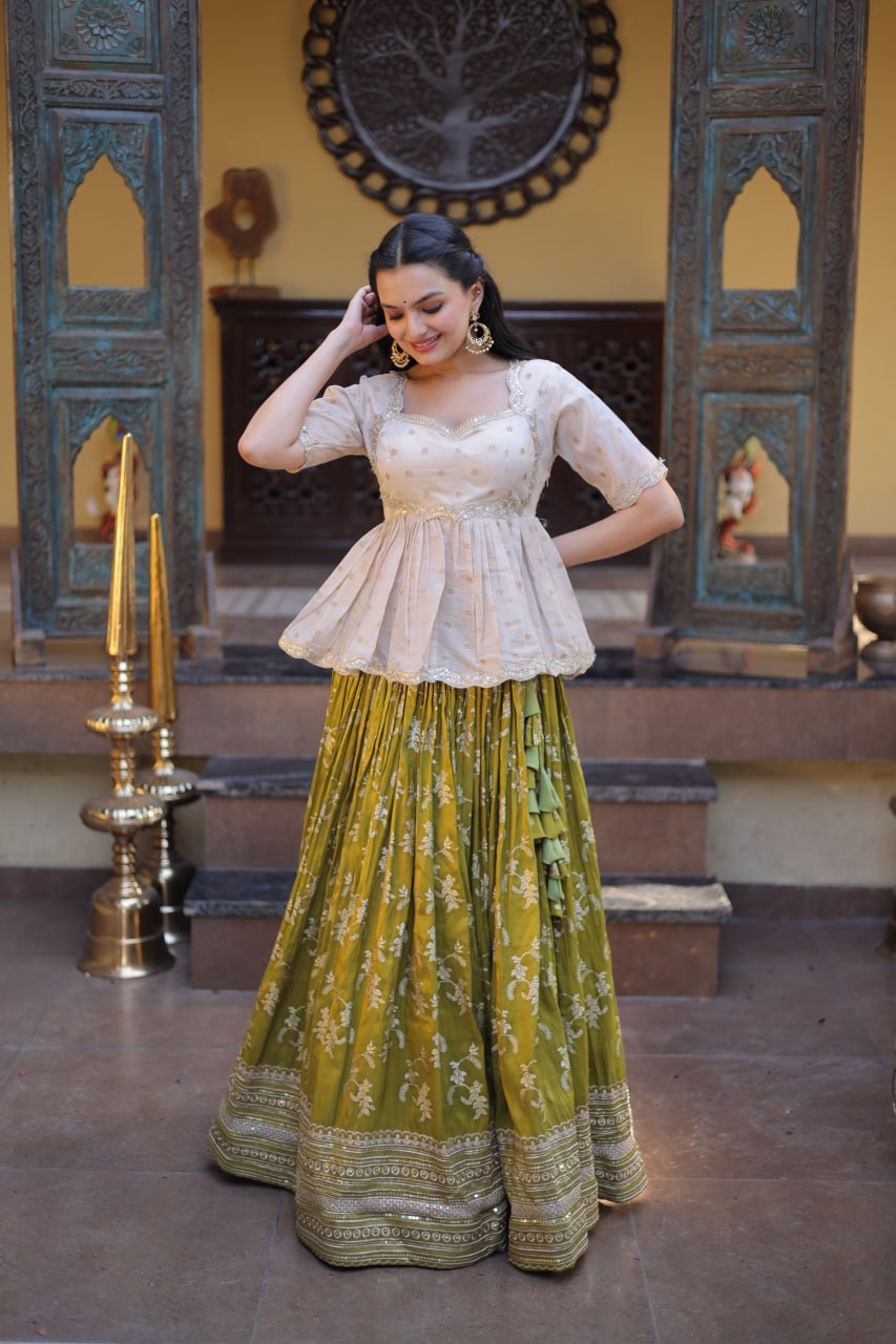 RangBhoomi Designer Dyeable Viscose Jacquard Lehenga Choli Set - Parrot & Wine