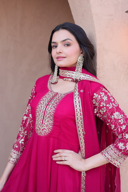 RangBhoomi Premium Readymade Gown Set with Pant & Dupatta - Faux Blooming Embroidered