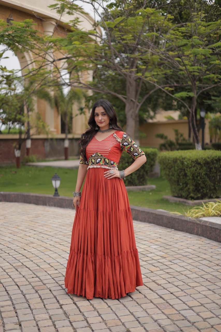 RangBhoomi Navratri Gown 2026 — Rust & Black Embroidered Multi-Tiered Festive Gown