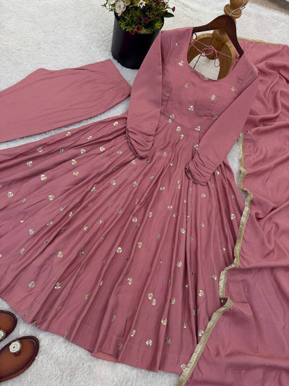 Elegant Ready-to-Wear Designer Gown and Dupatta Set in Roman Silk with Exquisite Embroidery