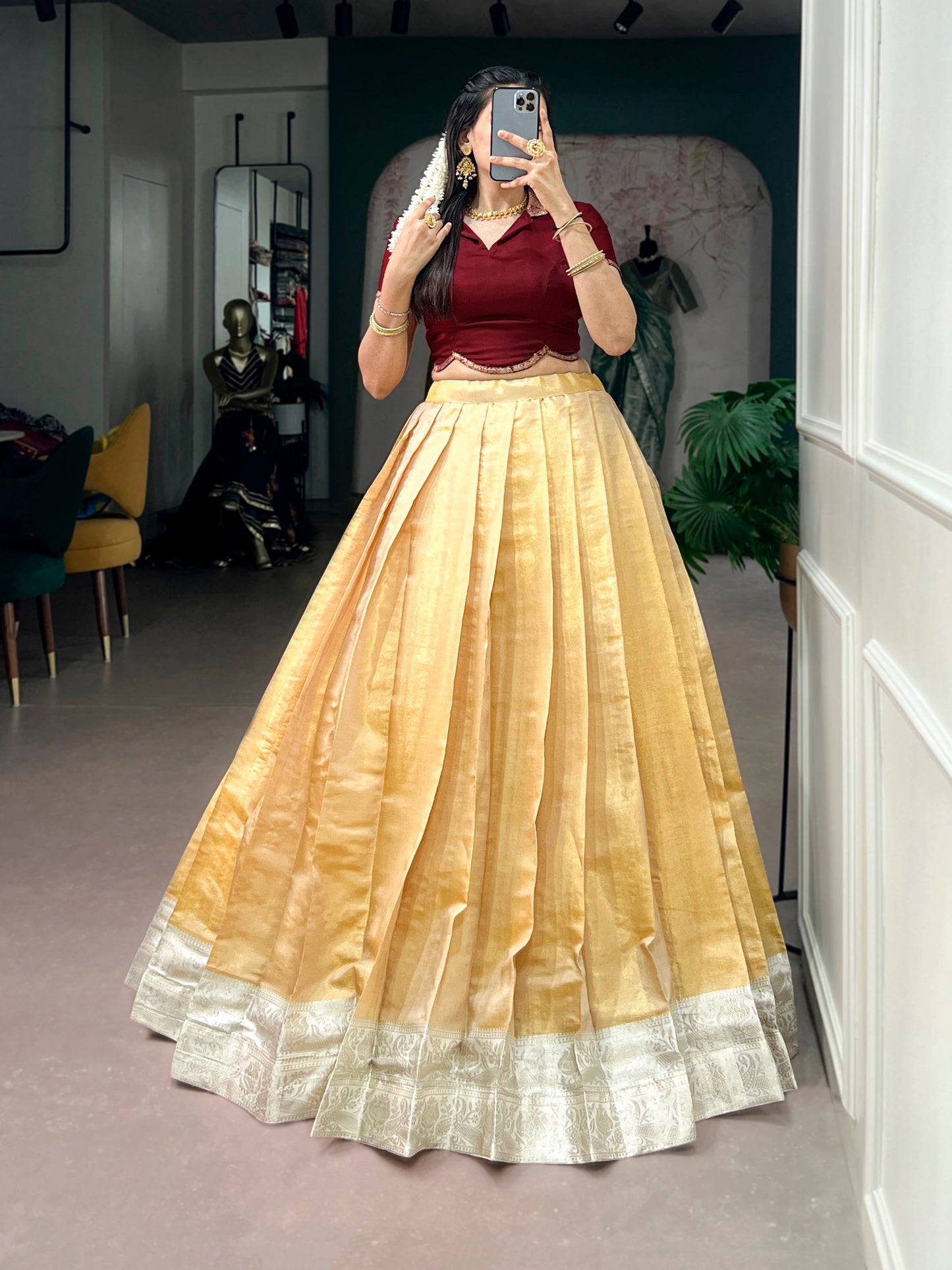 RangBhoomi Onam Pavada Set — Kanchipuram Lehenga with Satin Silk Blouse