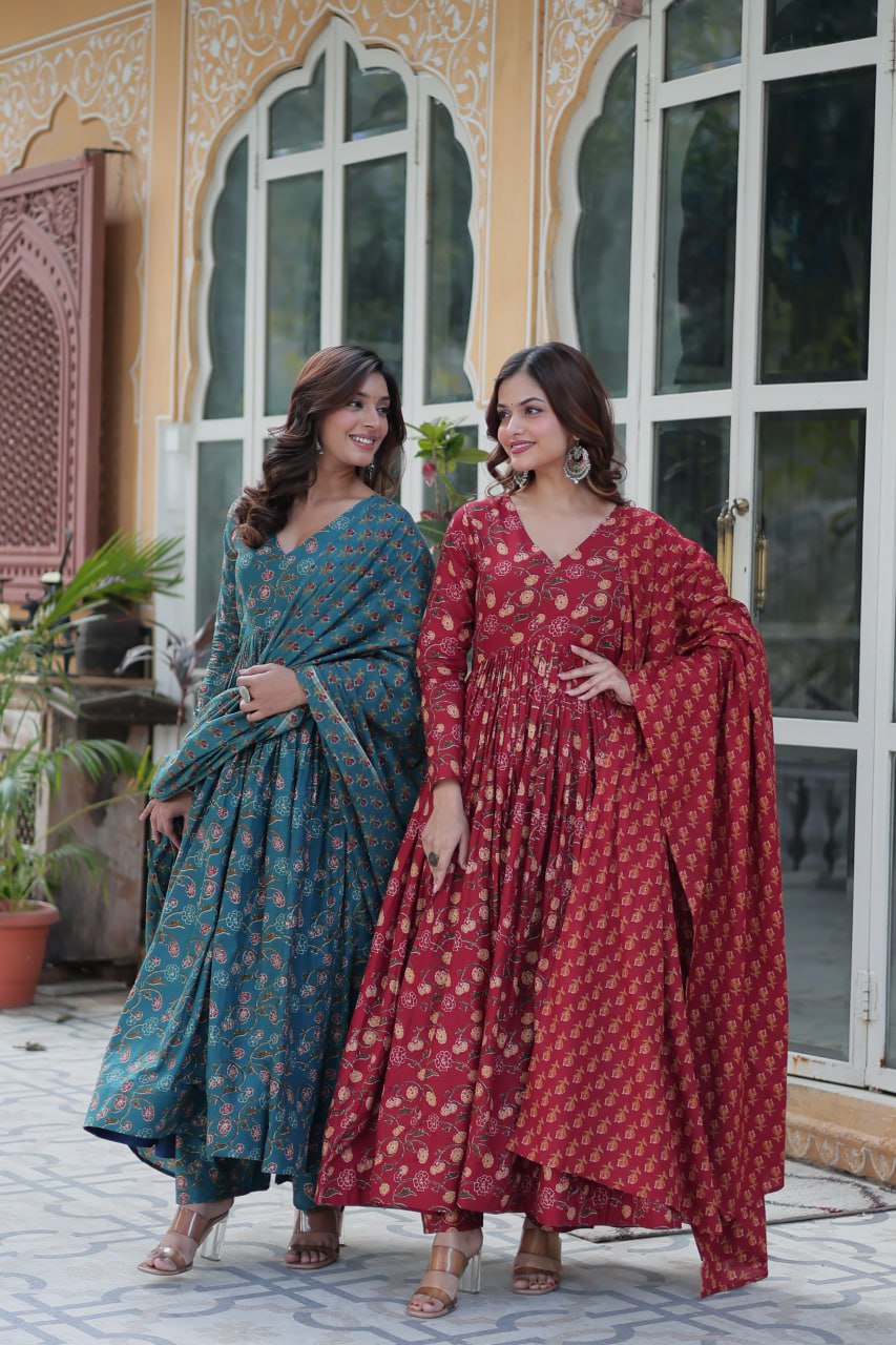 Premium Gown Set: Cotton Kurti, Pant & Dupatta
