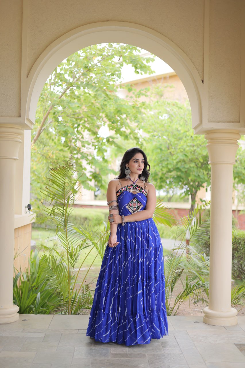 RangBhoomi Navratri Laheriya Patchwork Faux Georgette Gown - Sleeveless 56" Length, L (Adjustable 38-44)