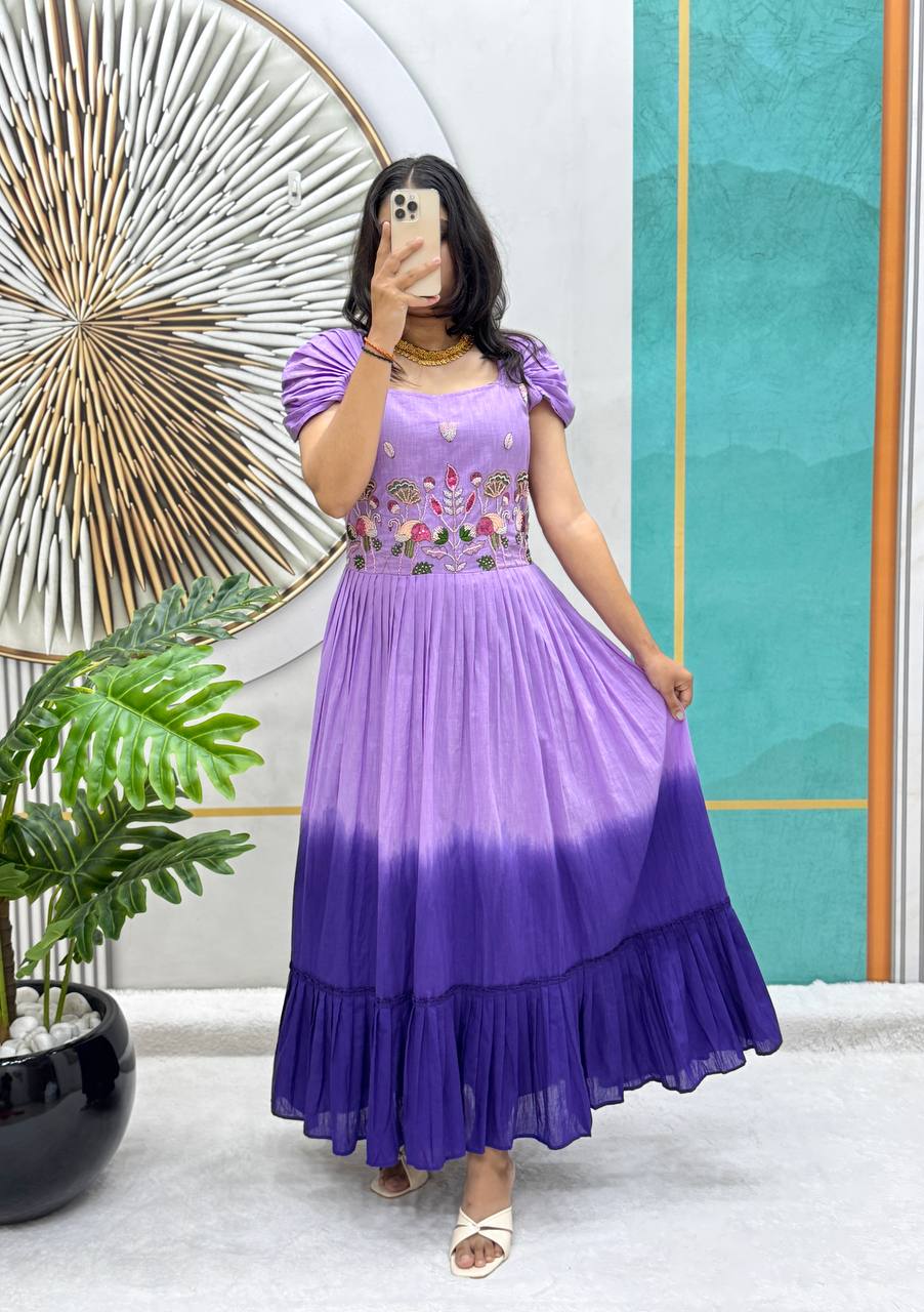 Model wearing a purple and violet Festive Elegance Handworked Cotton Gown.