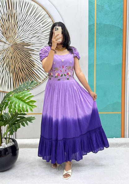 Model wearing a purple and violet Festive Elegance Handworked Cotton Gown.