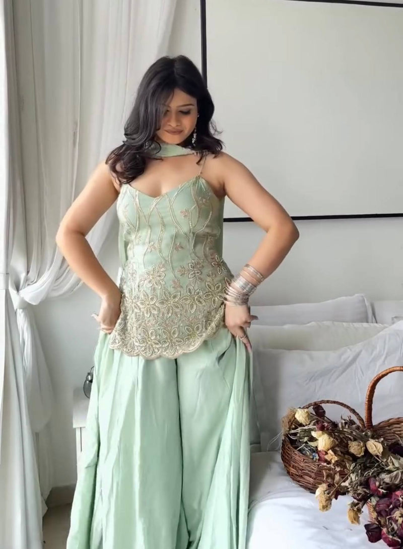 RangBhoomi Heavy Embroidered 3-Piece Suit Set with Fancy Lace (Faux Georgette)