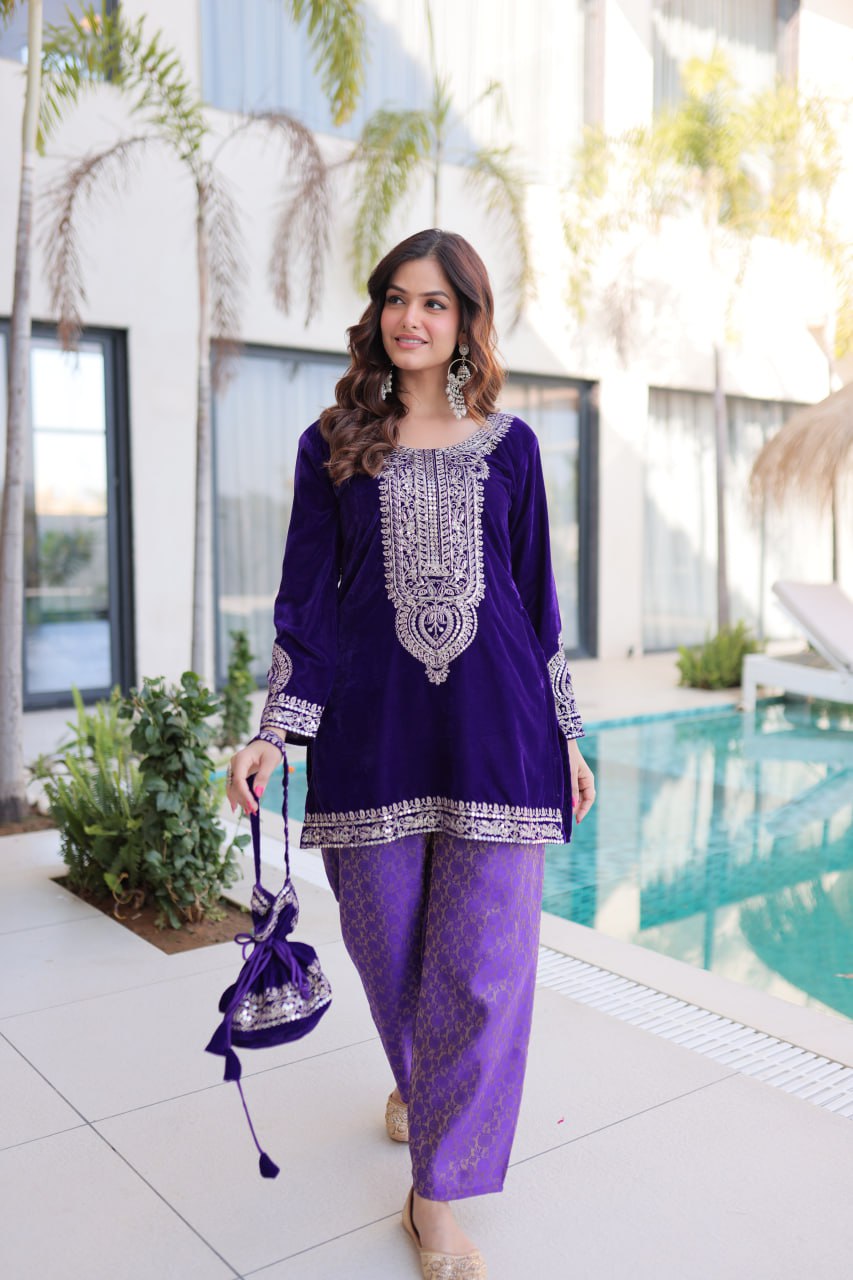 Ready-to-Wear Velvet Top and Pant Set with Embroidered Batwa from RangBhoomi Collection