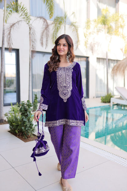 Ready-to-Wear Velvet Top and Pant Set with Embroidered Batwa from RangBhoomi Collection