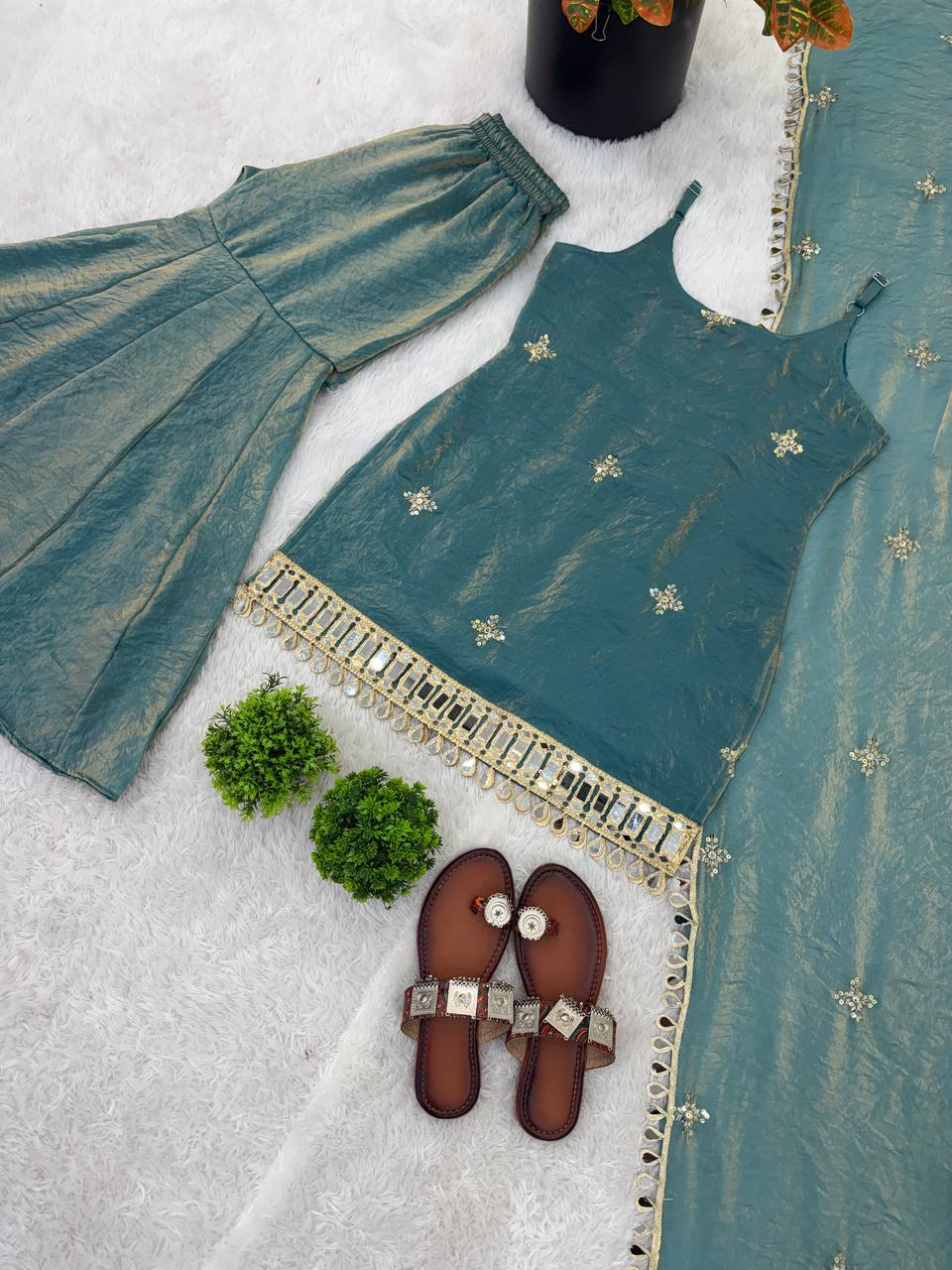 Women's Elegant Ethnic Ensemble with Embroidered Mirror Work - Ready to Wear