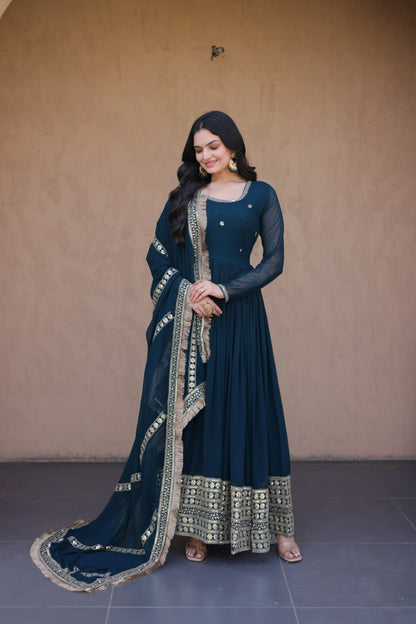 RangBhoomi Festive Faux Blooming Gown with Embroidered Dupatta - Rama & Maroon