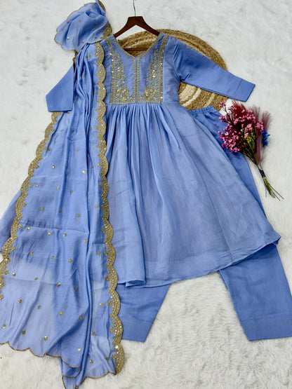 Premium Ready-to-Wear Mal Mal Chanderi Gown Set with Roman Silk Pants and Embroidered Dupatta