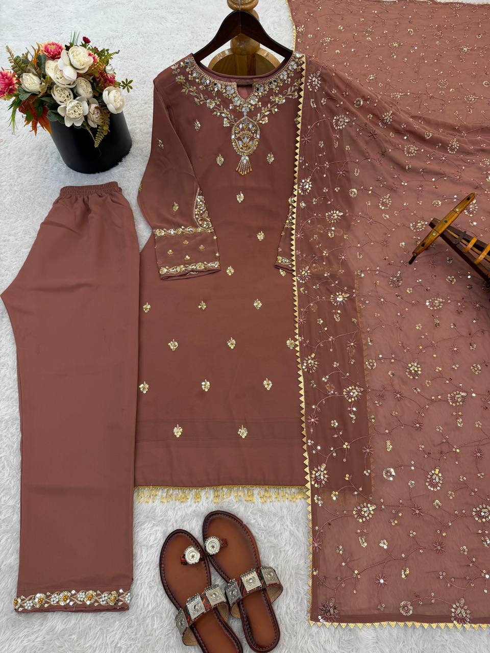 Embroidered Sequined Faux Georgette Top, Bottom, and Dupatta Set – Fully Stitched and Ready to Wear