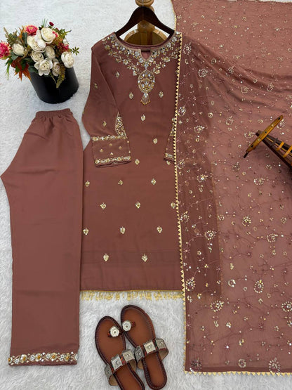 Embroidered Sequined Faux Georgette Top, Bottom, and Dupatta Set – Fully Stitched and Ready to Wear