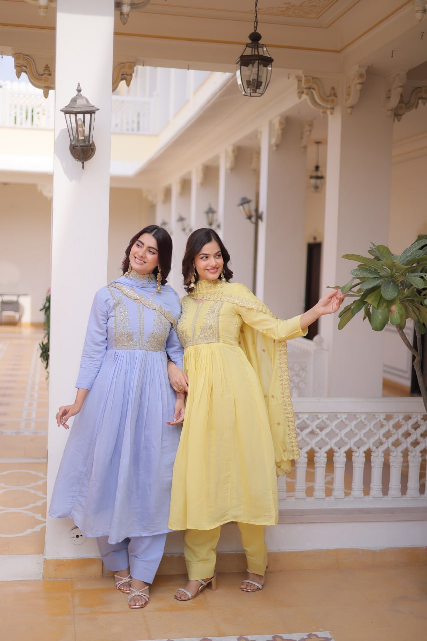 Premium Ready-to-Wear Mal Mal Chanderi Gown Set with Roman Silk Pants and Embroidered Dupatta