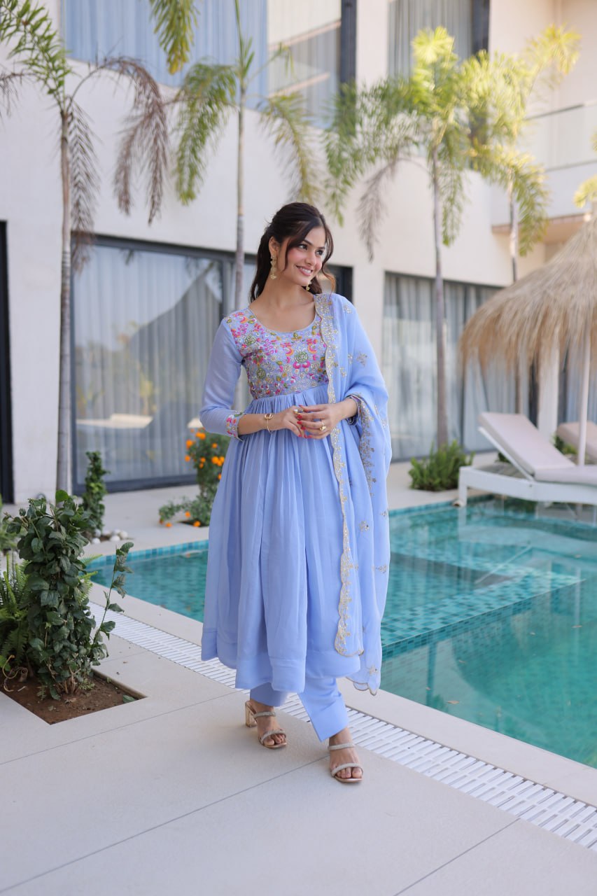 Elegant Premium Ready-to-Wear Gown Set with Pants and Dupatta - Beaded Mal Chanderi Embroidery