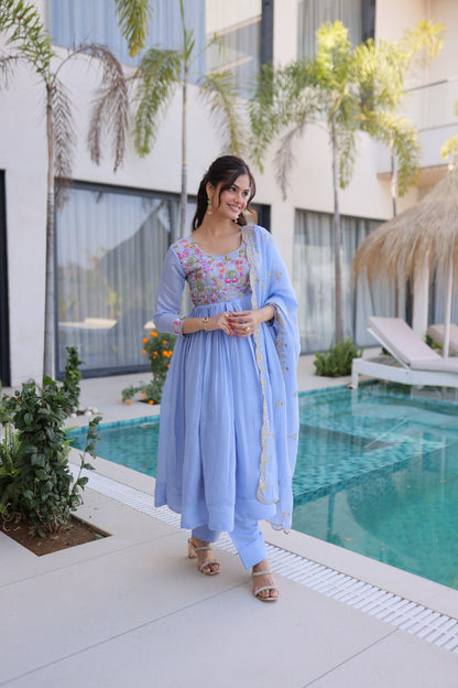 Elegant Premium Ready-to-Wear Gown Set with Pants and Dupatta - Beaded Mal Chanderi Embroidery