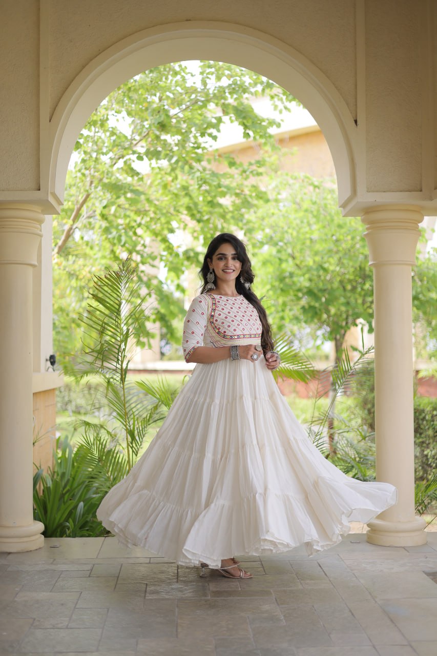RangBhoomi Navratri Embroidered Kora Cotton Gown — Off-White & Black, 56" Length
