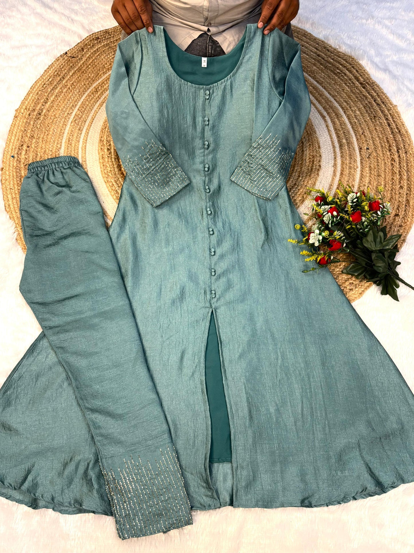 Elegant A-line Kurta Set in Luxurious Blooming Vichitra Silk