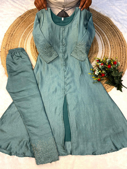 Elegant A-line Kurta Set in Luxurious Blooming Vichitra Silk
