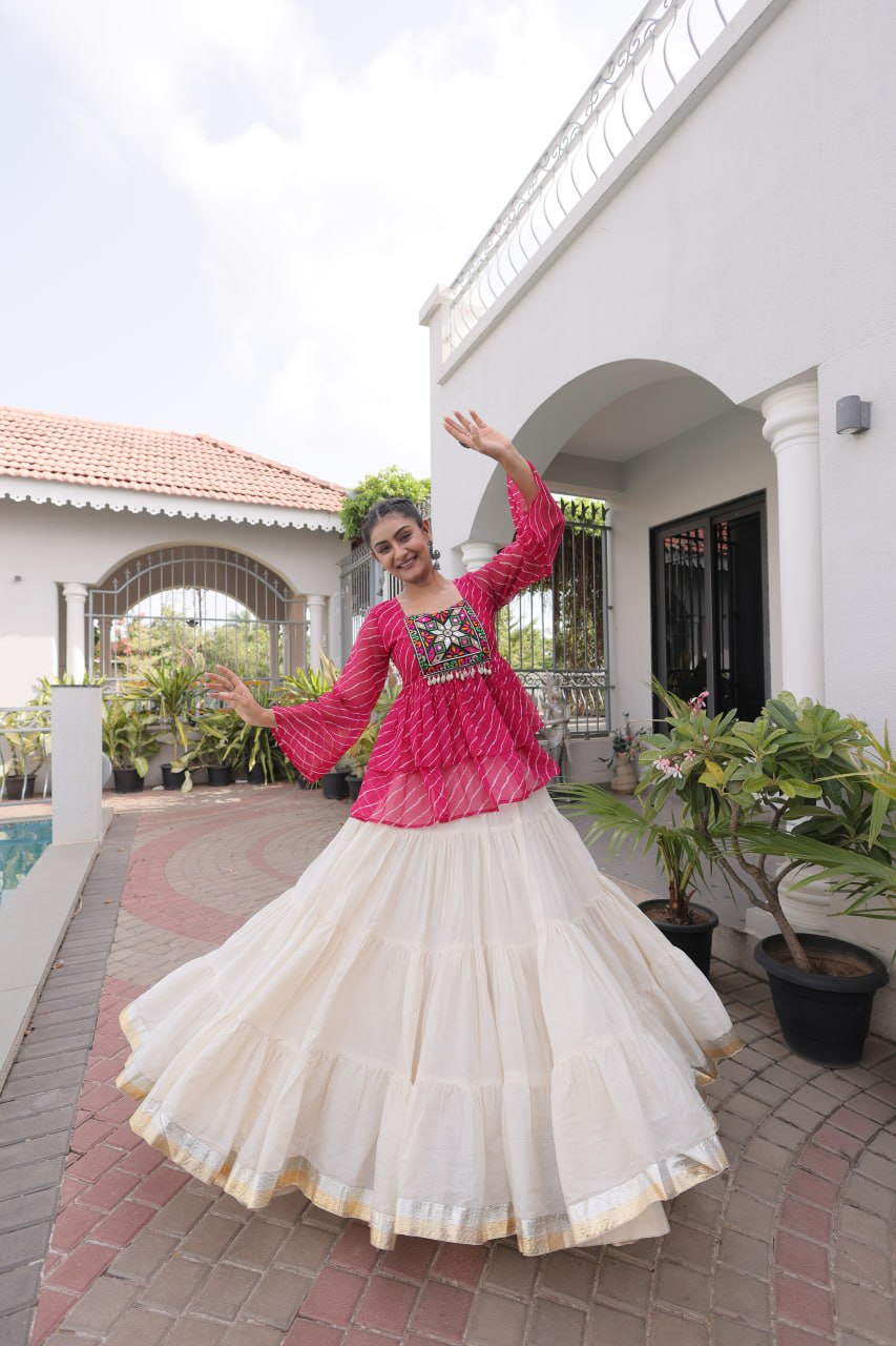 RangBhoomi Navratri Lehenga Choli Set — Kora Cotton Frill with Laheriya Print