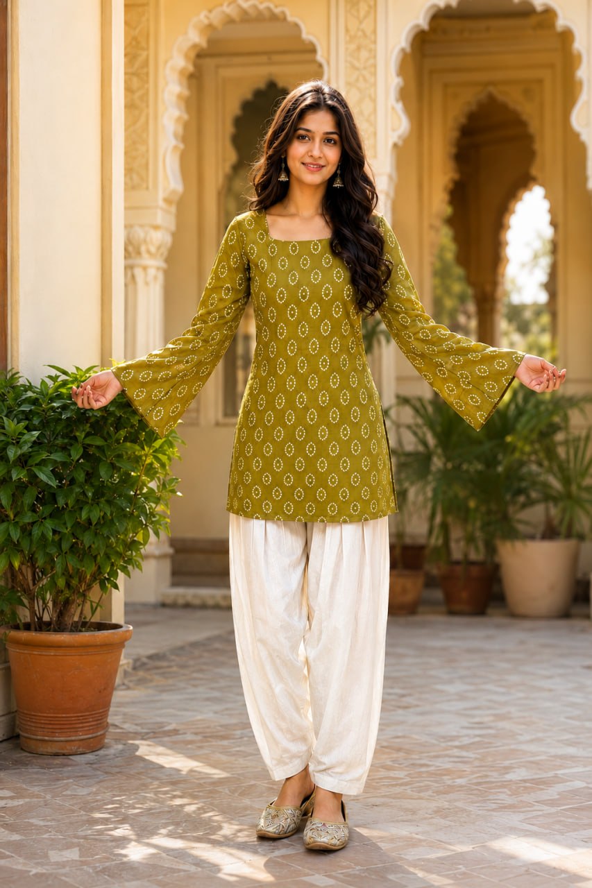 RangBhoomi Premium Cotton Bandhej Printed Top and Linen Cotton Farsi Style Pant Set