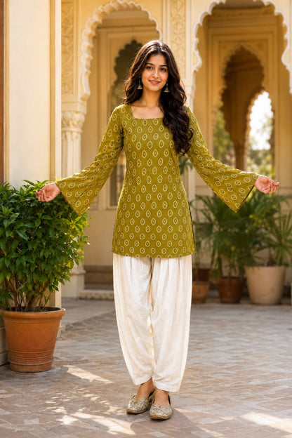 RangBhoomi Premium Cotton Bandhej Printed Top and Linen Cotton Farsi Style Pant Set