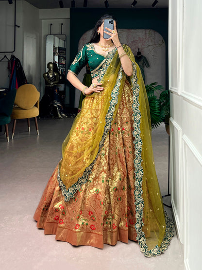 RangBhoomi Jacquard Silk Lehenga — Festive Embroidered Set with Net Dupatta