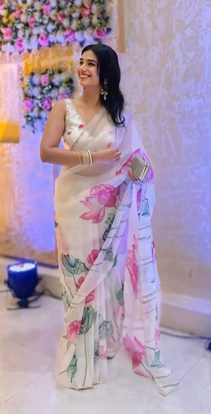 Ready to Wear Organza Saree - Floral Print, Lightweight