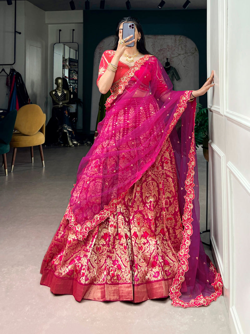 RangBhoomi Jacquard Silk Lehenga — Festive Embroidered Set with Net Dupatta