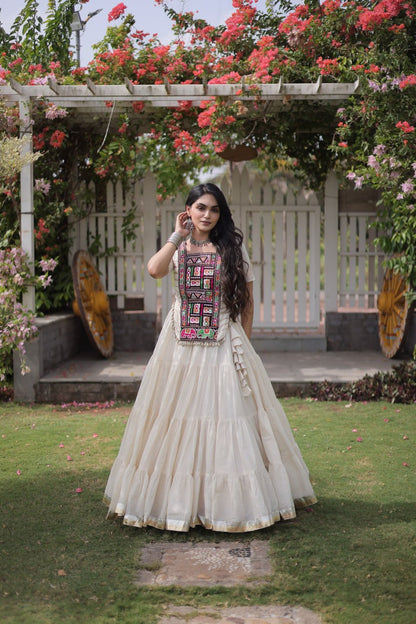 RangBhoomi Navratri 2026 Kora Cotton Full-Stitched Lehenga & Blouse Set — L (40", Adjustable 38–44)