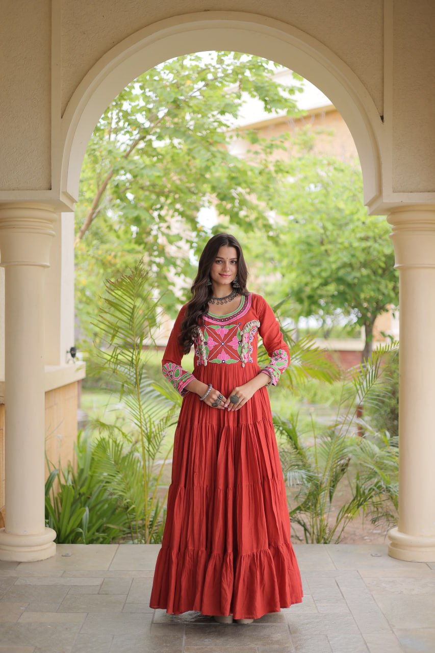 RangBhoomi Navratri Embroidered Kora Cotton Gown - Full Sleeve 54" Length (Rust, Purple)