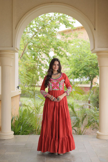 RangBhoomi Navratri Embroidered Kora Cotton Gown - Full Sleeve 54" Length (Rust, Purple)