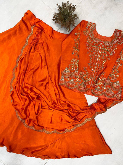 RangBhoomi Designer Lehenga Saree with Real Mirror & Embroidery Work - Long Blouse, Chinon Fabric