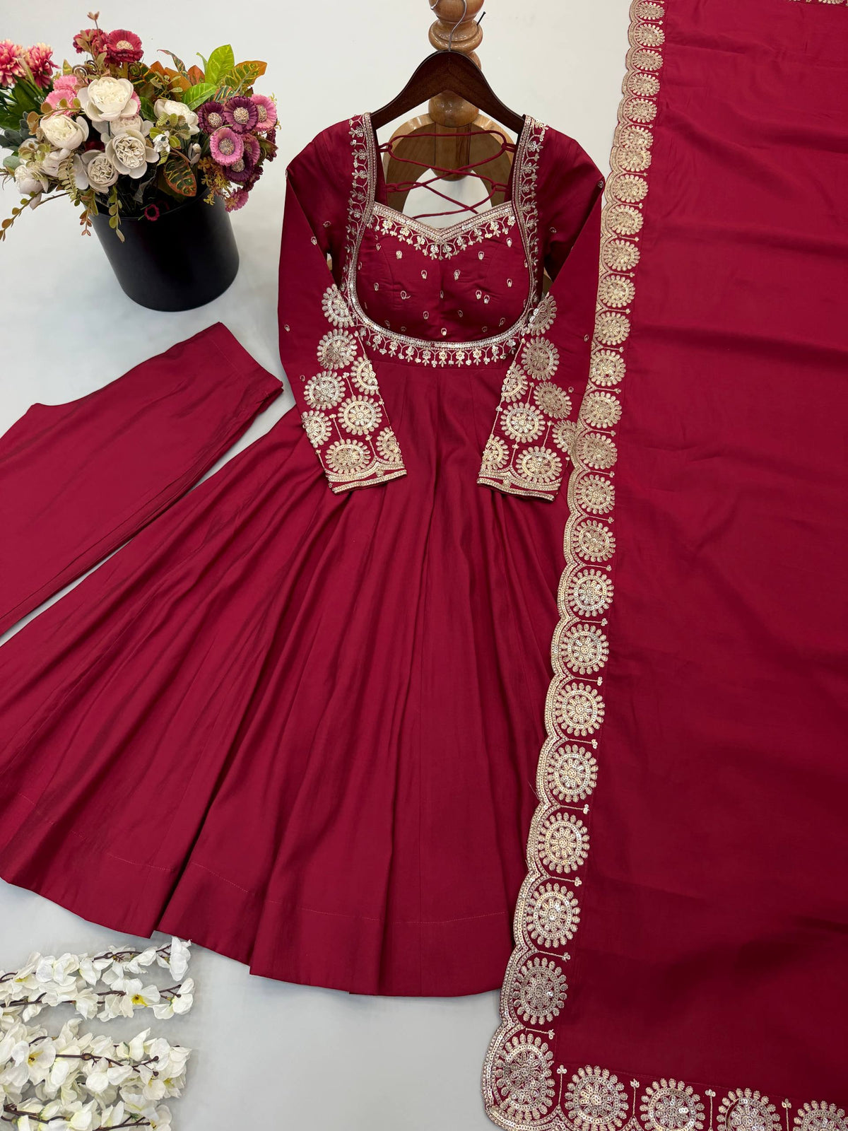 RangBhoomi Designer Anarkali Gown Set with Chanderi Dupatta - Roman Silk, Embroidered Sequins