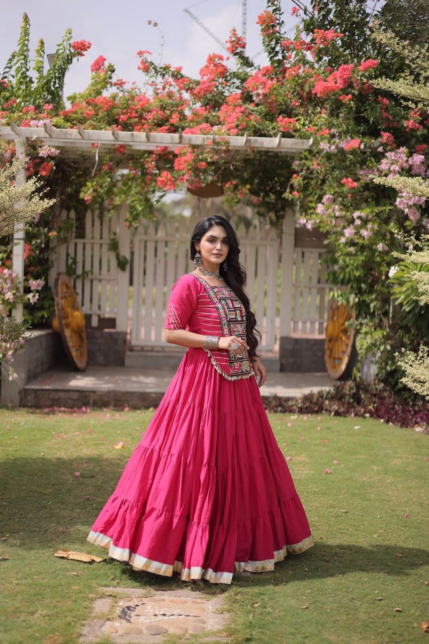 RangBhoomi Navratri 2026 Kora Cotton Full-Stitched Lehenga & Blouse Set — L (40", Adjustable 38–44)