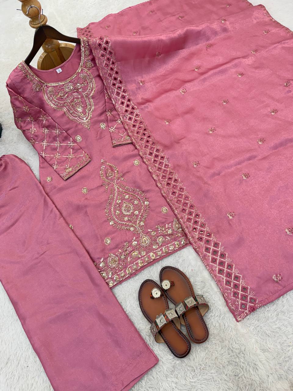 Elegant Designer Party Wear Top, Palazzos, and Dupatta Set with Intricate Heavy Embroidery and Beaded Detailing