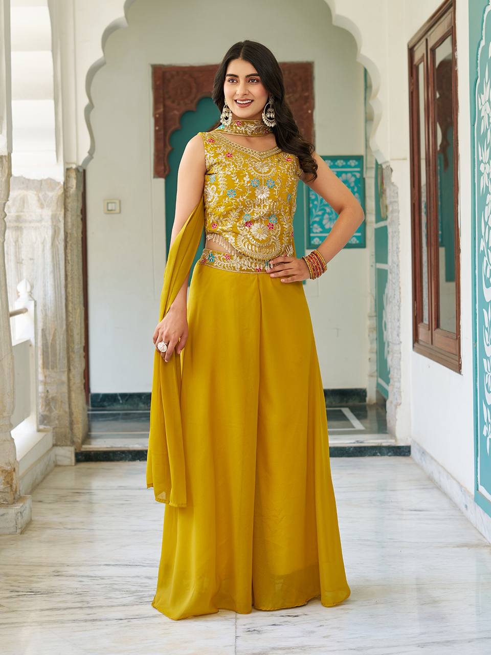 Chic Designer Embroidered Palazzo Co-ord Set with Dupatta
