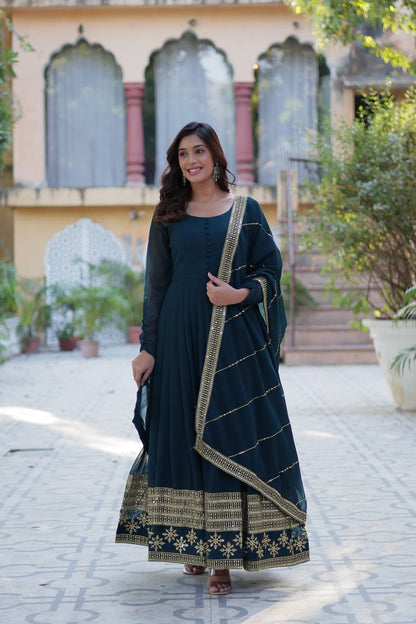 Embroidered Faux Blooming Gown with Dupatta