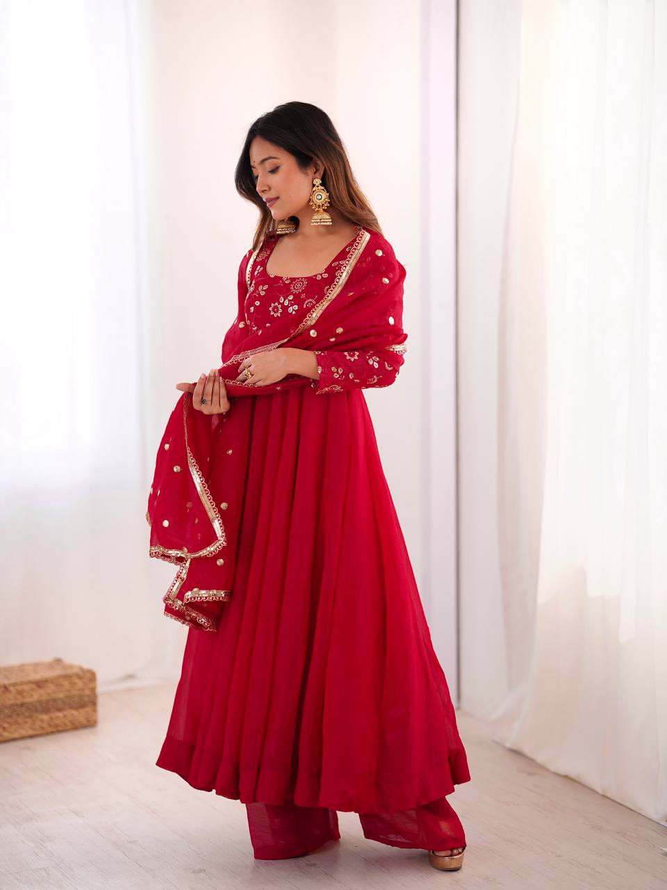 RangBhoomi Women's Elegant Ethnic Wear Set with Silk Gown, Pants, and Embroidered Dupatta