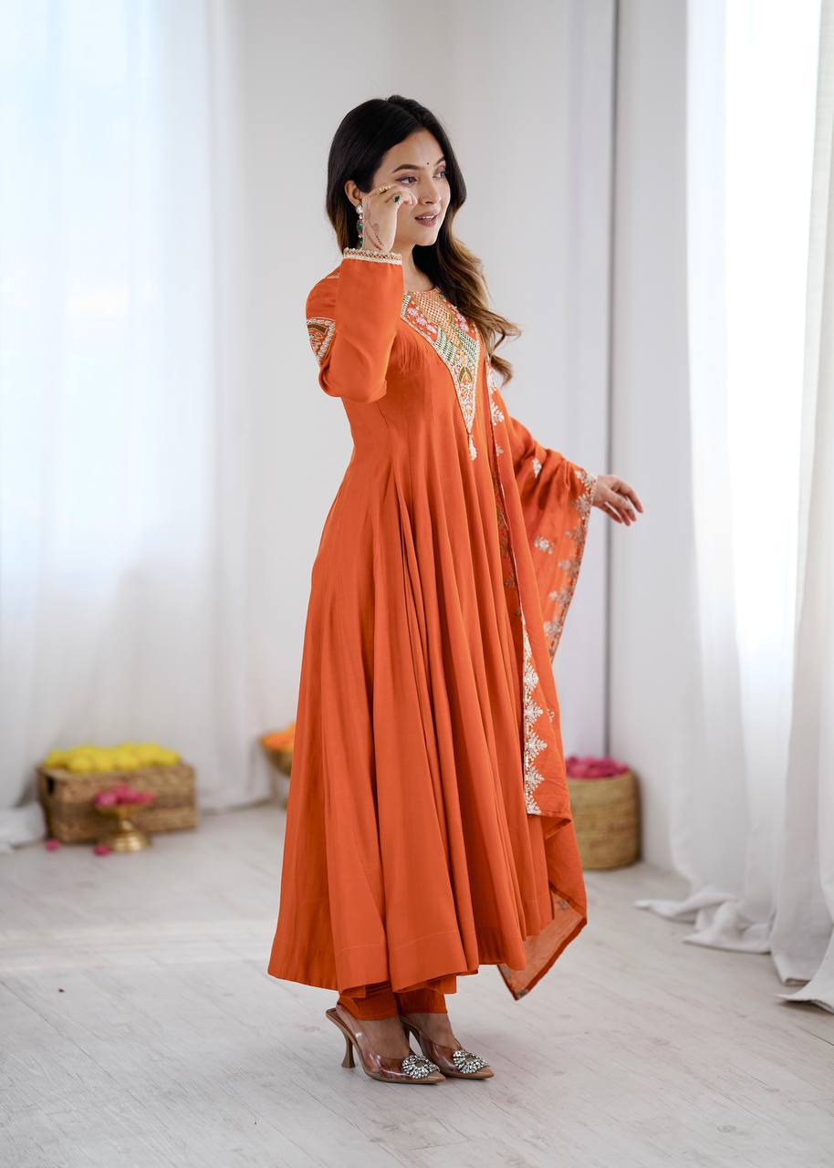 RangBhoomi Elegant Embroidered Sequence with Real Mirror Designer Anarkali Three Piece Set