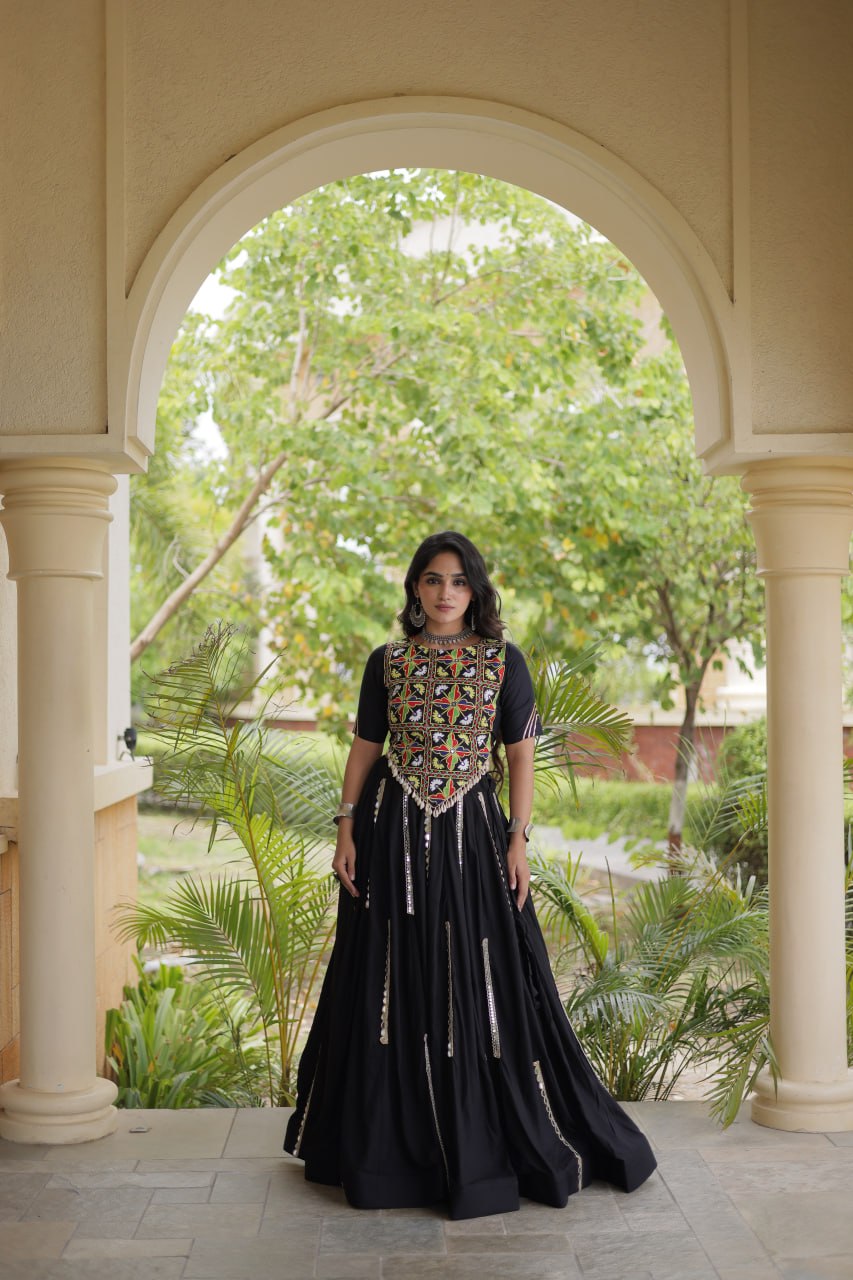 RangBhoomi Navratri Reflective Rayon Lehenga Set with Mirror & Gota Lace (Black, Maroon, White)