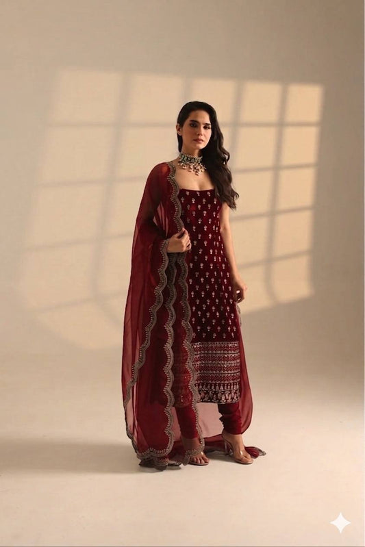 Roman Glass Satin Elegant Women's Suit Set with Golden Zari and Sequins Detailing