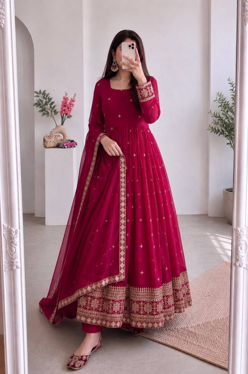 RangBhoomi Designer Party Wear Gown Set — Embroidered Heavy Fandy Silk with Dupatta & Pant
