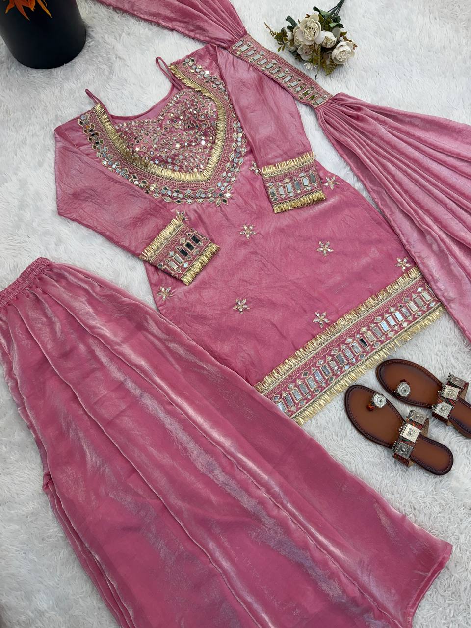 RangBhoomi Women's Fully Stitched Ethnic Wear Set with Fendy Silk and Real Mirror Work
