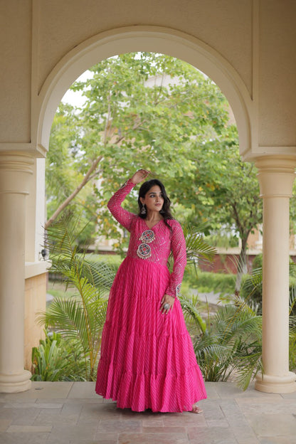 RangBhoomi Navratri Gown 2026 – Laheriya Print with Kutchi Patchwork, Faux Georgette Lined Cotton, Full Sleeve, 56 Inch Length