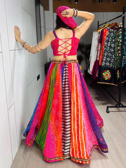 RangBhoomi Multicolor Bandhani-Inspired Chaniya Choli Set — Navratri Ready (Lehenga, Blouse, Scarf & Batwa)