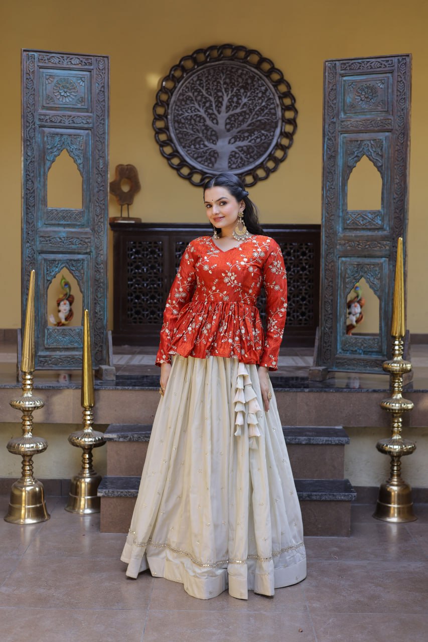 RangBhoomi Elegant Silk Embroidered Crop Top Set with Flared Lehenga and Sequined Detailing